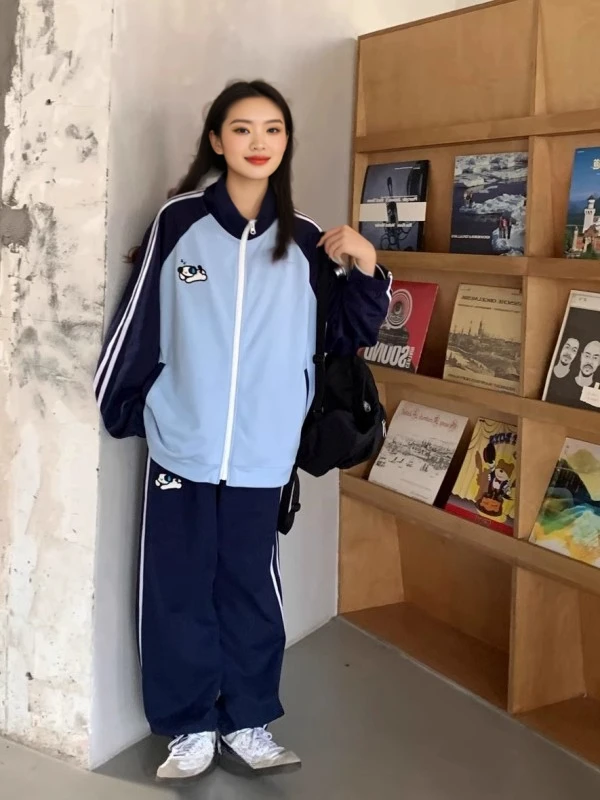 

Preppy Style Sportswear Set 2 Piece Sets Womens Outfits Spring New Loose Zip Up Sweatshirt + Stripe Casual Pants Y2k Suits