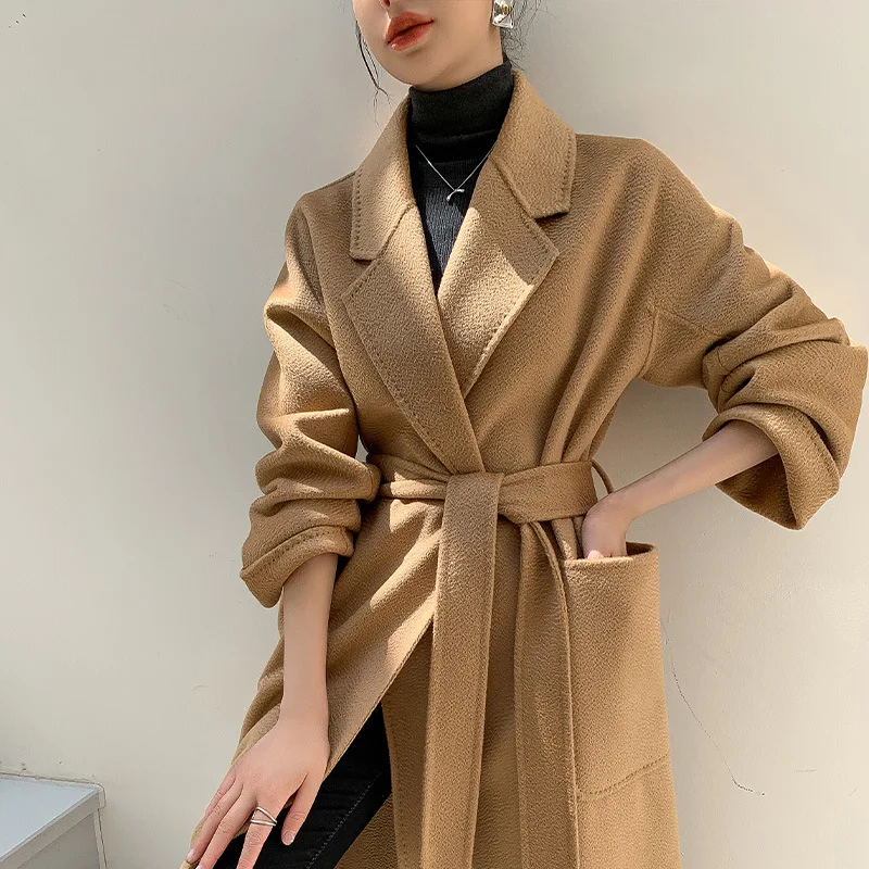 Autumn 100% Wool Coats Women Open Stitch Design Long Coats With Belt Double Face CashmereCoat Femme Tops New