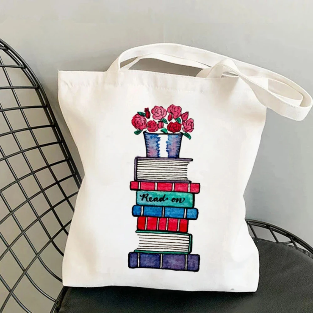 Who Loves Books Canvas Tote Bag Women Shopper Bag Retro Rose Books Fashion Read Lover Shoulder Handbags Shopper Bag for Gift