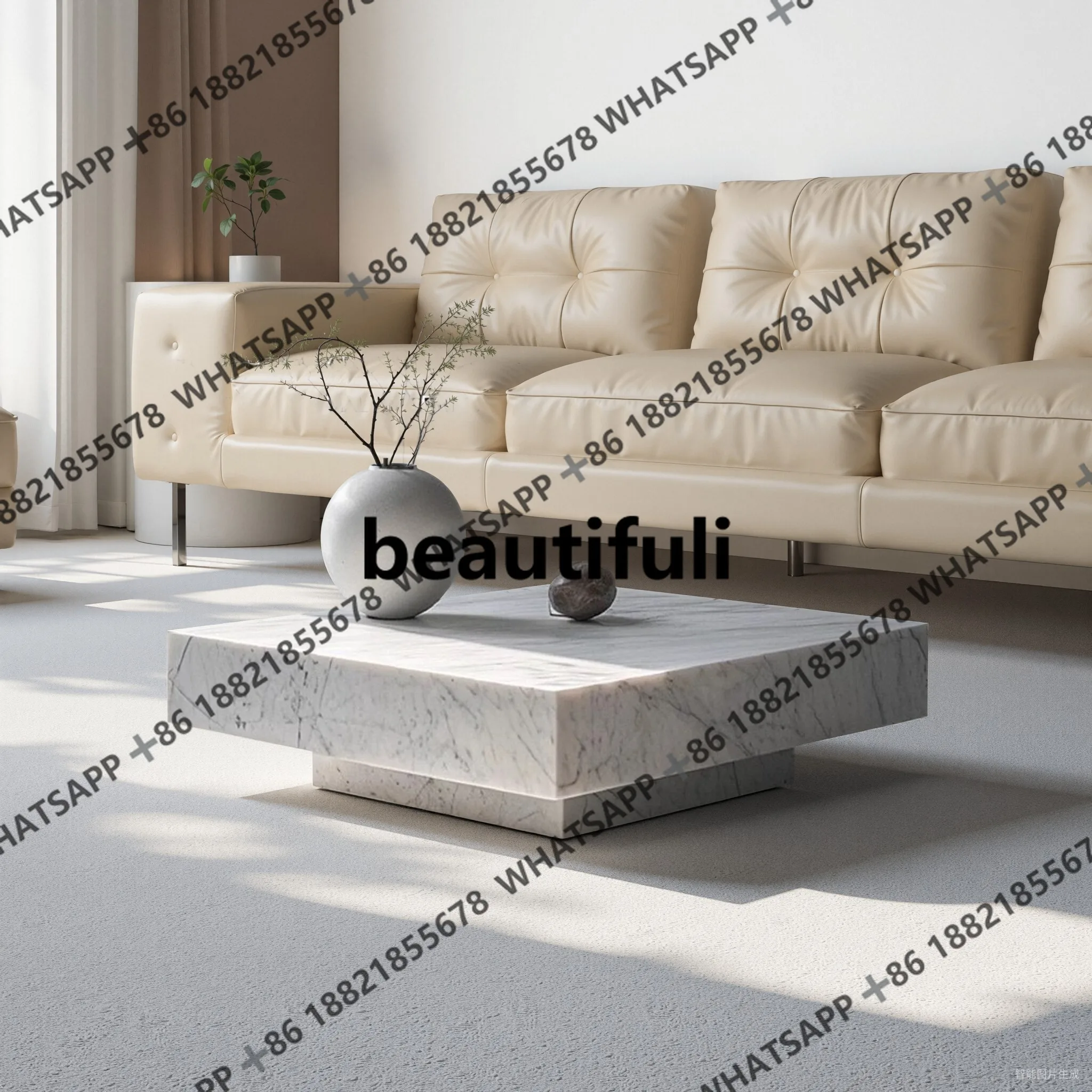 

Natural medium white marble square table simple Italian minimalist living room suspended rectangle