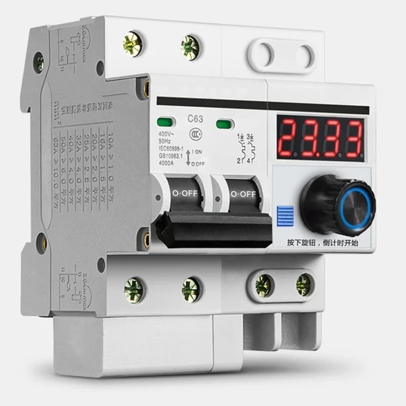 63A Countdown Timing Circuit Breaker 1Min-99.99H Digital Timer Switch 12000W DIN Rail Overload Protection Time Control Breaker