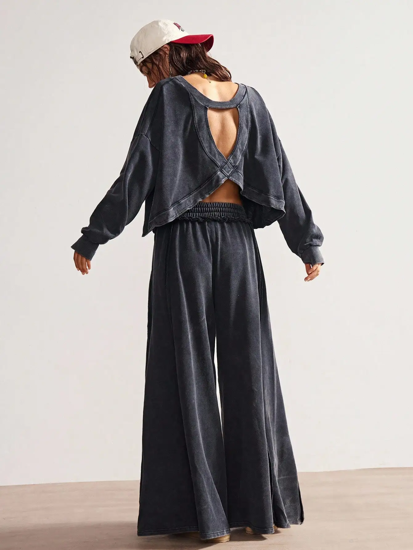 

Women's Washed Black Knit 2-Piece Set: Loose Backless Top & High Waist Wide Leg Pants