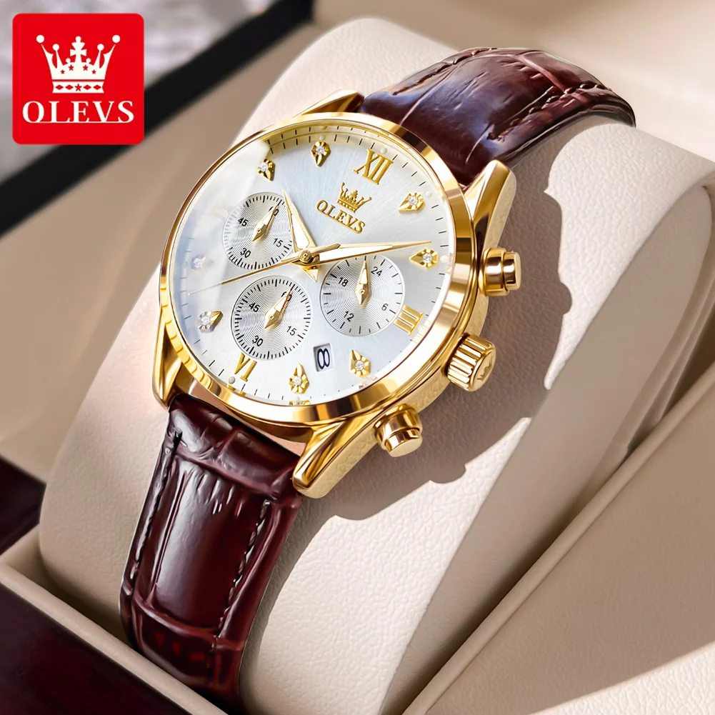 OLEVS Luxury Brand Women's Quartz Watch Fashion Waterproof Leather Strap Multi functional Elegant Women's Watch Girl Gift Set