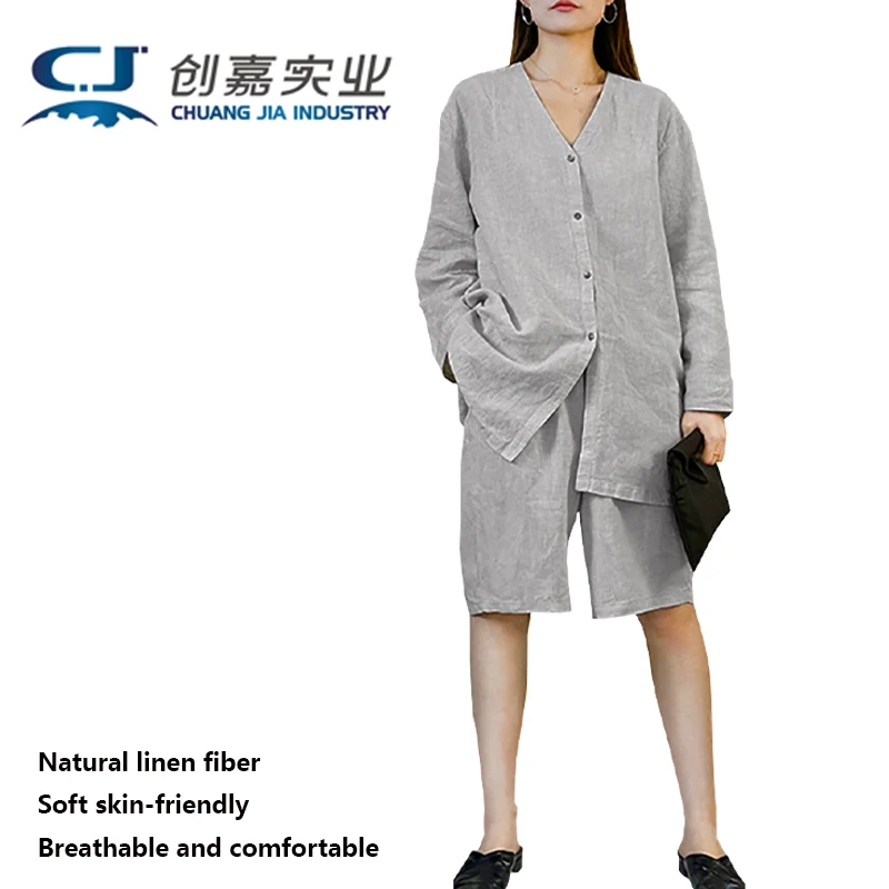 

High-end Linen Women's Suit Navy Blue Long Sleeve V-neck Shirt and Shorts 2 Pieces Holiday Casual Relaxed Comfortable Cool Loose