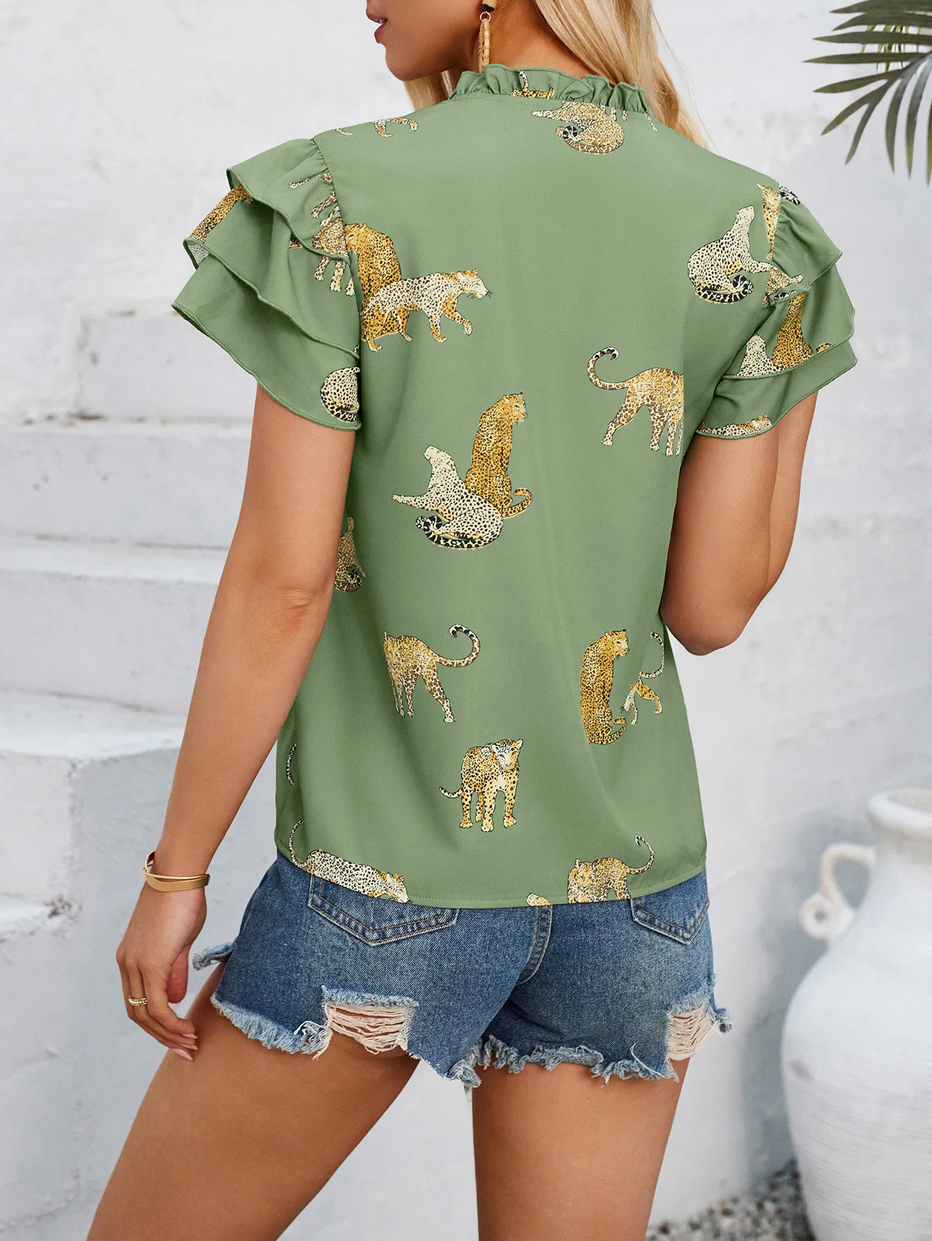 Casual Ruffles Leopard Print Shirts & Blouses Women Fashion V-neck Short Sleeve Shirts For Women 2024 Summer Loose Blusas Ladies