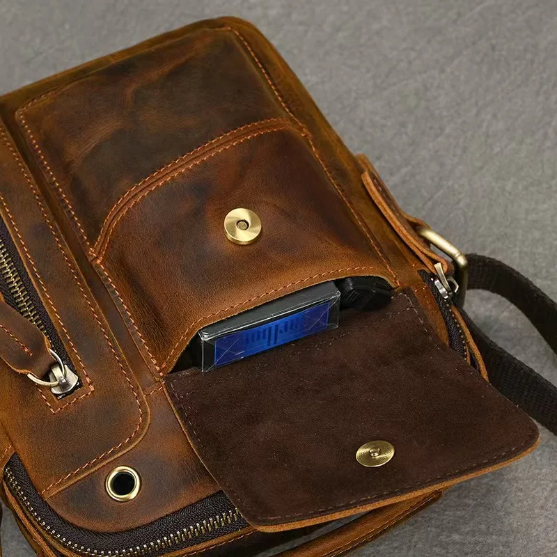 LION VERA Men's Crazy Horse Leather Shoulder Bag Large Capacity 5-inch Commuter Bag Earphone Hole Small Square Bag Retro Bag