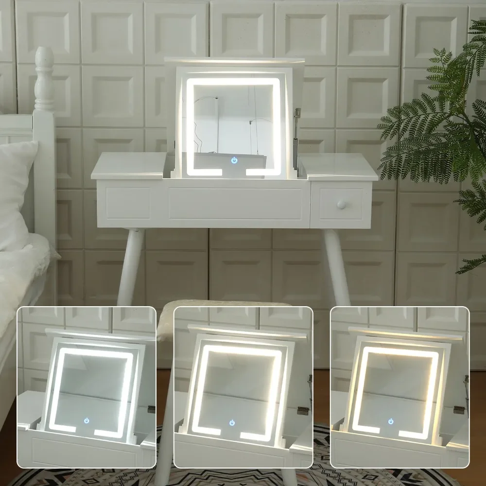 FCH Vanity Table Set with LED Mirror Flip Top Makeup Dressing Table Writing Desk with Cushioning Makeup Stool Set Dressers
