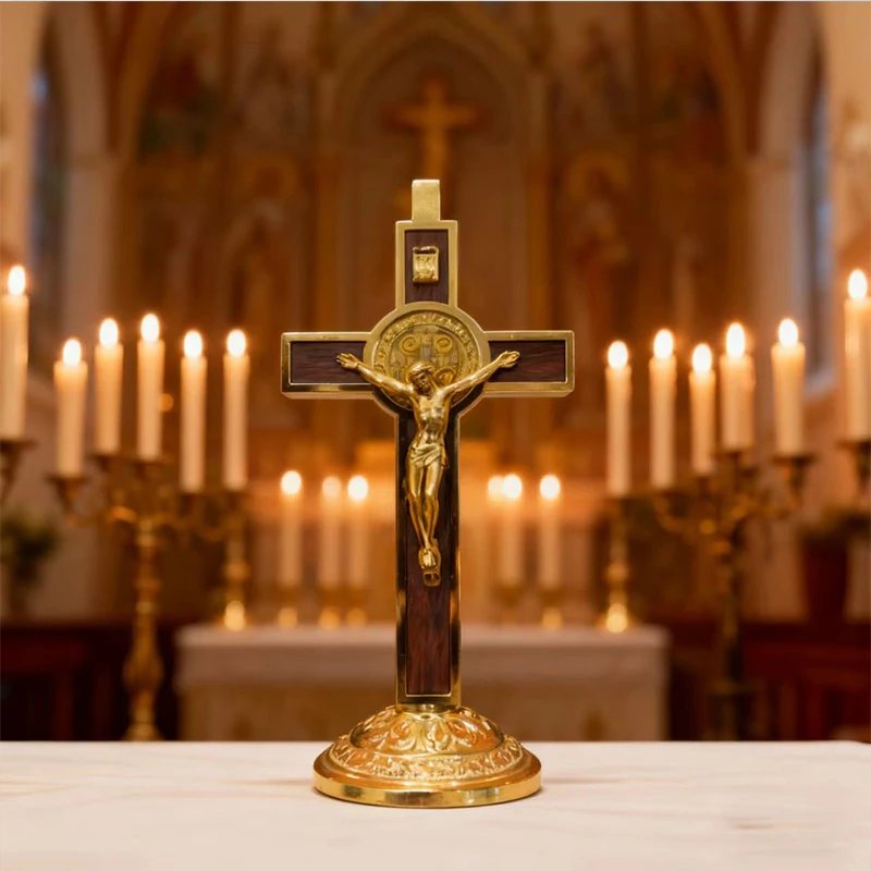 New Fashion Jesus Crucifix Cross Gold Plated Holy Catholic Cross Christ's Crucifixion Church Home Decor with Stand Religion Gift