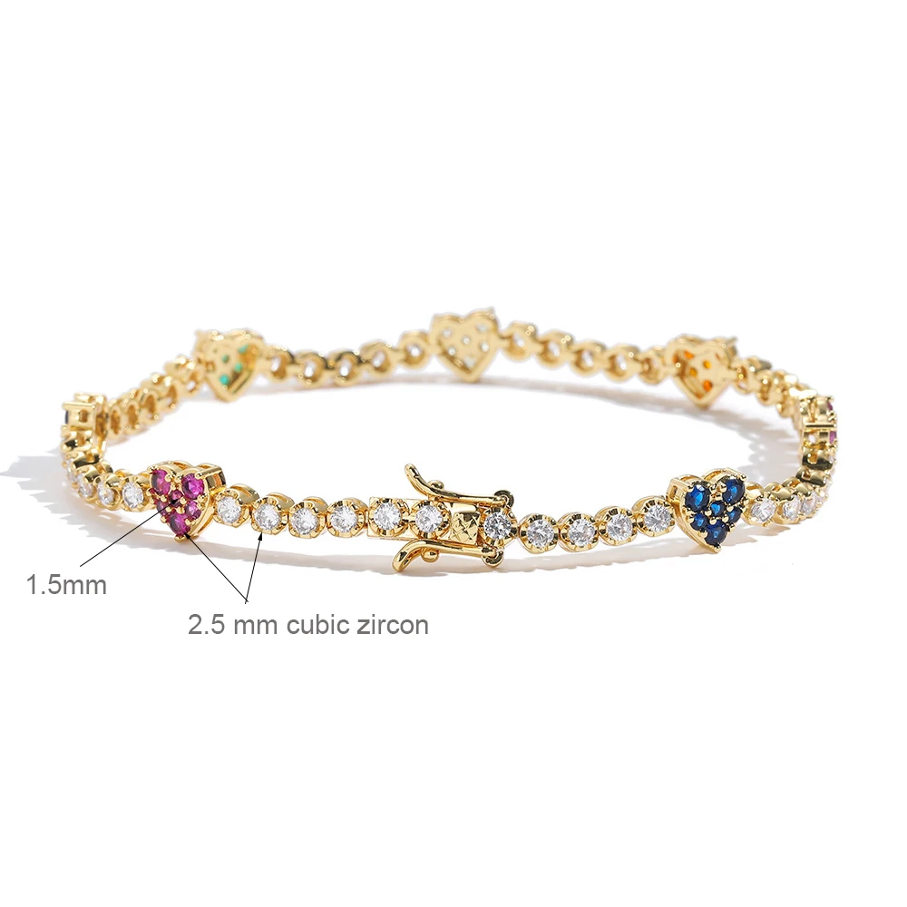 Brass 7/8Inch Tennis Bracelet Pave 1.5+2.5mm White/Colorful Cubic Zircon Heart Design Lovely Chain Jewelry For Women