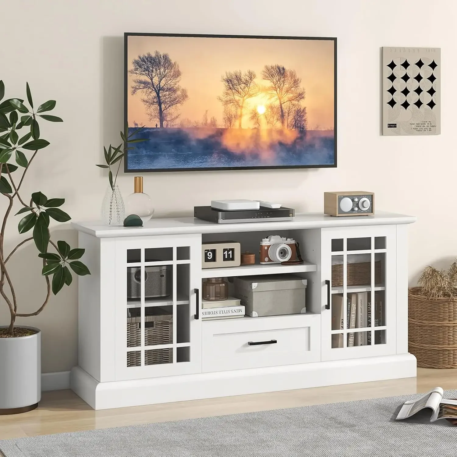 Farmhouse TV Stand for TV up to 70 Inch, Tall Media Console Table, Entertainment Center , Storage Cabinet Living Room (White)