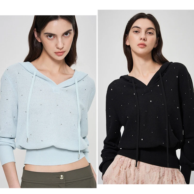 

Trendy Anti-Aging Spring Star Rhinestone Hooded Dstring ort Knitted Sweater Women 2 Colors Commute Sle Loose...