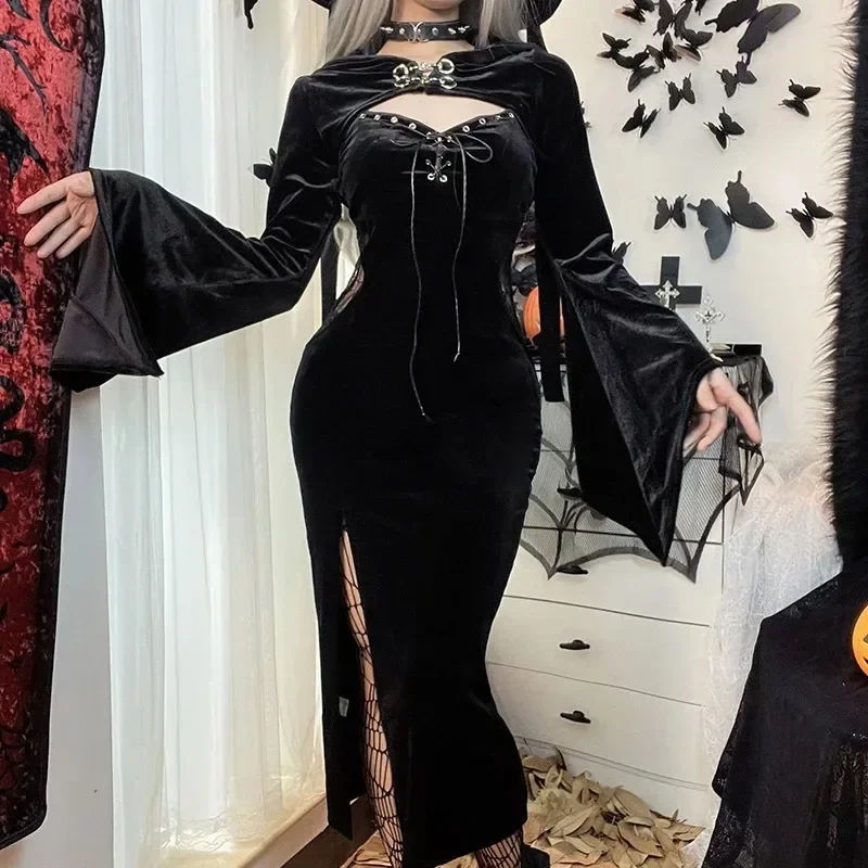 

Halloween Gothic Women Dress Long Sleeve High Waist Dresses New Goth Aesthetic Sexy Slim Party Club Dress Dark Style Design