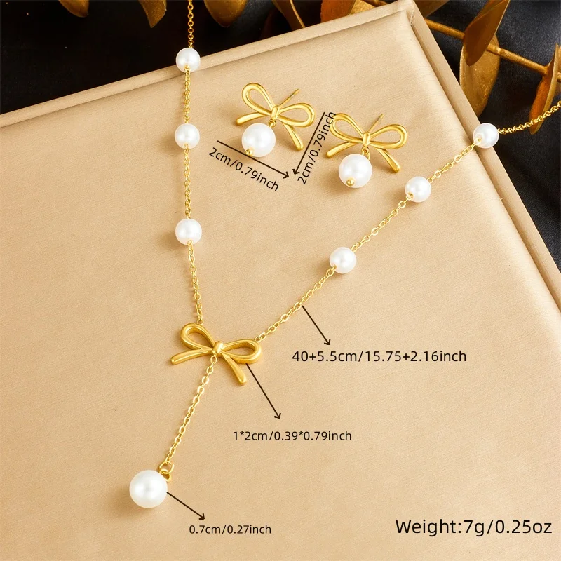 DIEYURO 316L Stainless Steel Simple Golden Bowkont Round Pearl Necklace Earrings Suit Women 2024 New TrendNon-fading jewelry Set