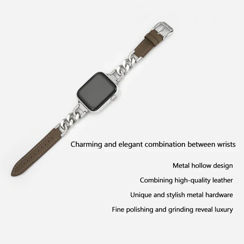 ファッションメタルブレスレットレザーストラップ Apple Watch ウルトラ 44 ミリメートル 45 ミリメートル狭い 14 ミリメートルチェーンデザイン女性バンド iWatch 9 8 7 6