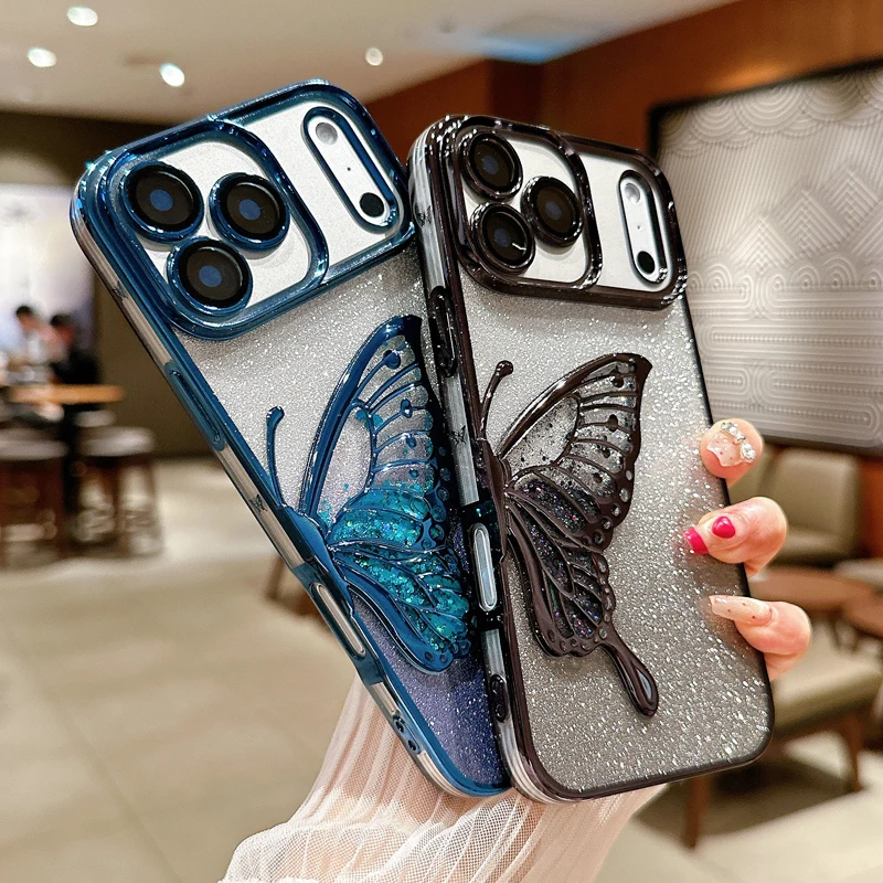 

Phone Case for IPhone17 15 16 14 13 Pro Max 17AIR Butterfly Quicksand Electroplated Glitter Lens Film Shockproof Back Cover