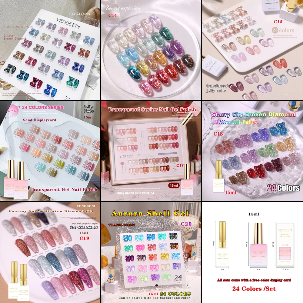 Vendeeni 24 Kleuren/Set Transparante Jelly Naakt Gel Nagellak UV LED Glitter Cat Eye Magnetische Nagellak Met kleurenkaart