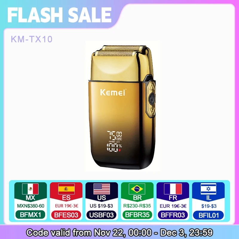 Kemei TX10 New Electric Shaver with LED Display Screen Rechargeable Hair Beard Razor Bald Head Shaving for Men