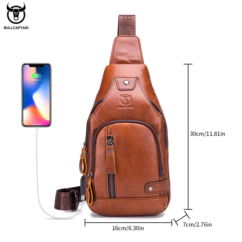 BULLCAPTAIN cowhide Leather Casual Fashion Crossbody Chest Bag men\'s leather bag USB Charging Travel Shoulder Bag Male