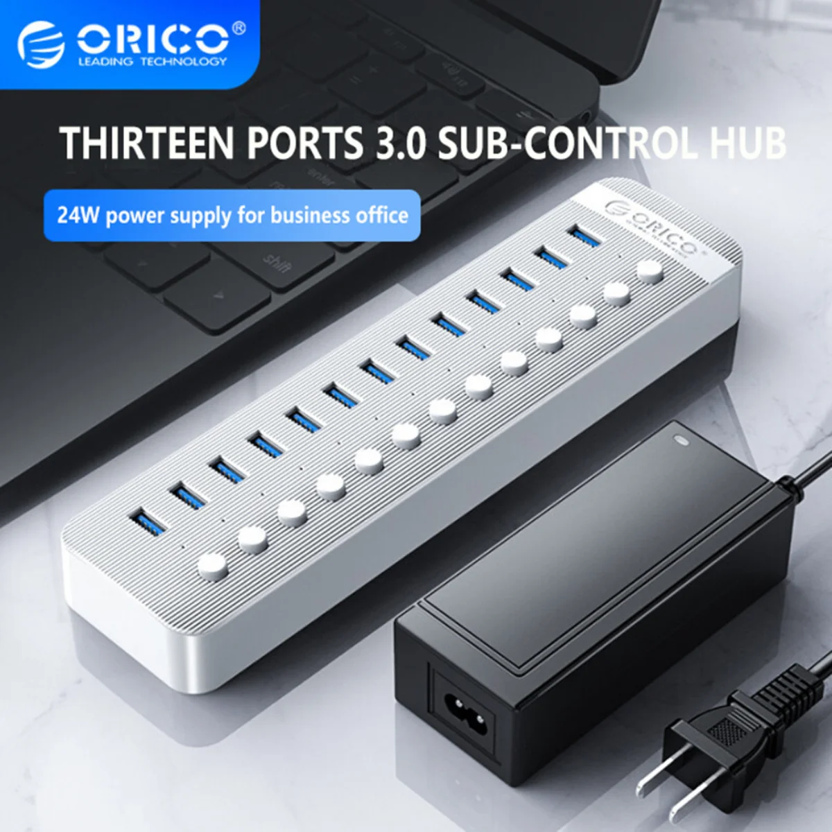 Imagem -02 - Orico Usb 3.0 Hub Industrial 10 13 Porta Usb Splitter Dock Station Interruptor Independente com 12v Adaptador de Alimentação para Desktop