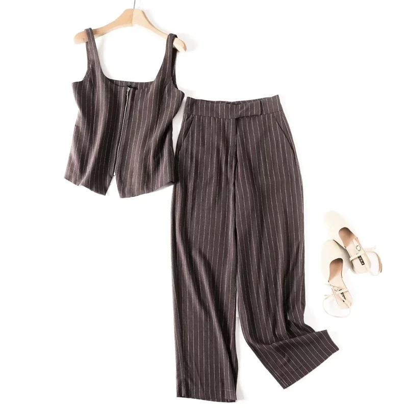 

Jenny&Dave Minimalist Women's Clothing French Fashion Retro Brown Striped Vest High Waist Wide Leg Pants Suit For Women Set