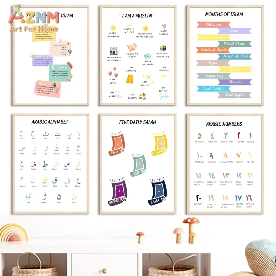 AZNM Islamic Educational Canvas Wall Art, Five Pillars Salah Arabic Alphabet Number Cute Print Neutral Nursery Kids Room Muslim