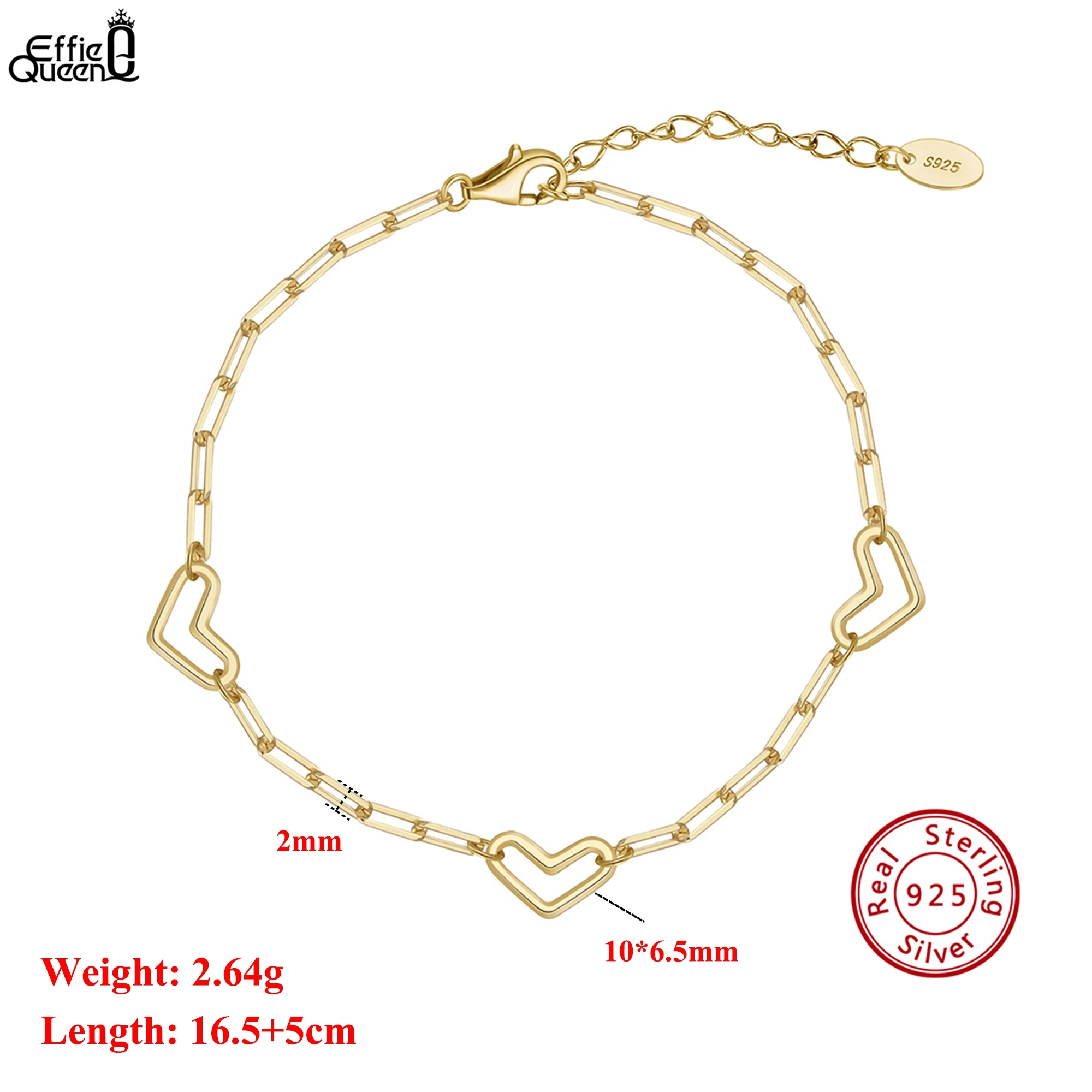 

EFFIE QUEEN Genuine 925 Silver 14k Gold Heart Paperclip Chain Bracelet Romantic Jewelry for Women, Men Anniversary Gift SB194