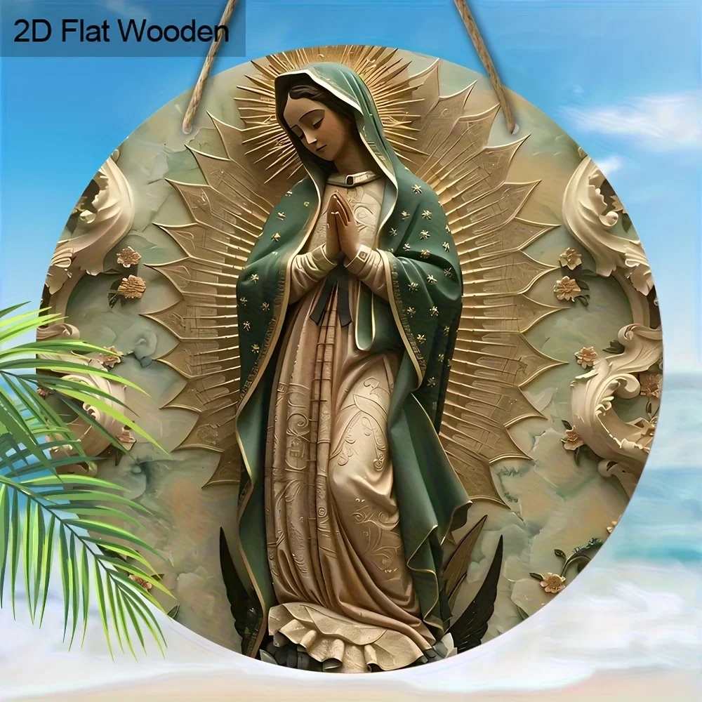 2D Flat - 1pc 2D Virgin Guadalupe Our Lady Holy Mother Baptism Christmas Retro Style Wooden Porch Wreath Hanging Print Sign Artw