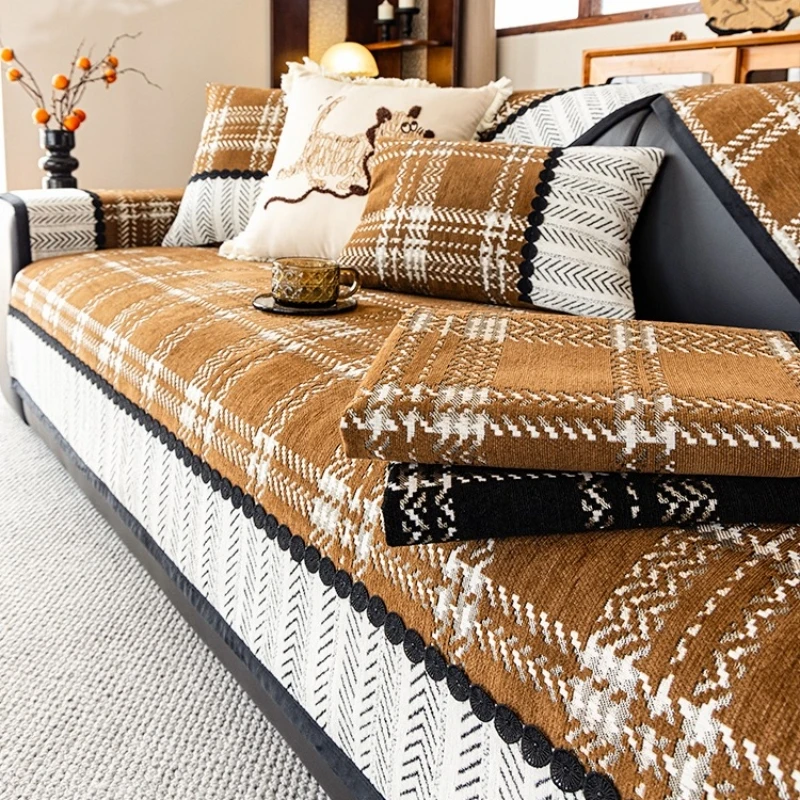 1pc Classic Plaid Chenille Sofa Cover with Contrast Hem, for Living Room 1/2/3/4 Seater Couch Seat Cover, Sofa Slipcover Decor