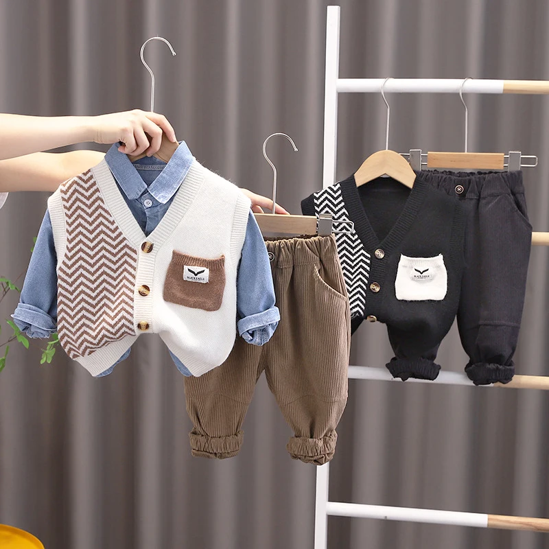 Children\'s Spring Autumn Cartoon Suit Boys Fashion Shirt Knitted Vest Trousers 3-piece Set Baby Casual Corduroy Suit 9 M-5 Years