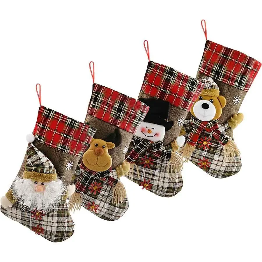 

17 Inch 4pcs Brown Christmas Stockings 3D Image Holders Kit Flax Socks Tartan Ornament Party Decoration Gift Bags for Family