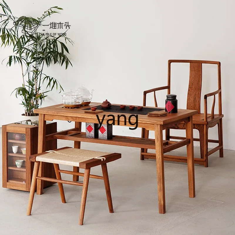 LMMChinese Style Teak Tea Table and Chair Set for Home Balcony, Multifunctional Small Apartment Tea Table