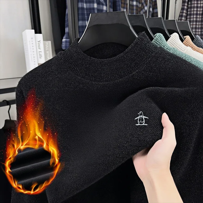 High end brand velvet sweater fashionable penguin embroidery men's clothing 2025 winter thick warm round neck knitted pullover