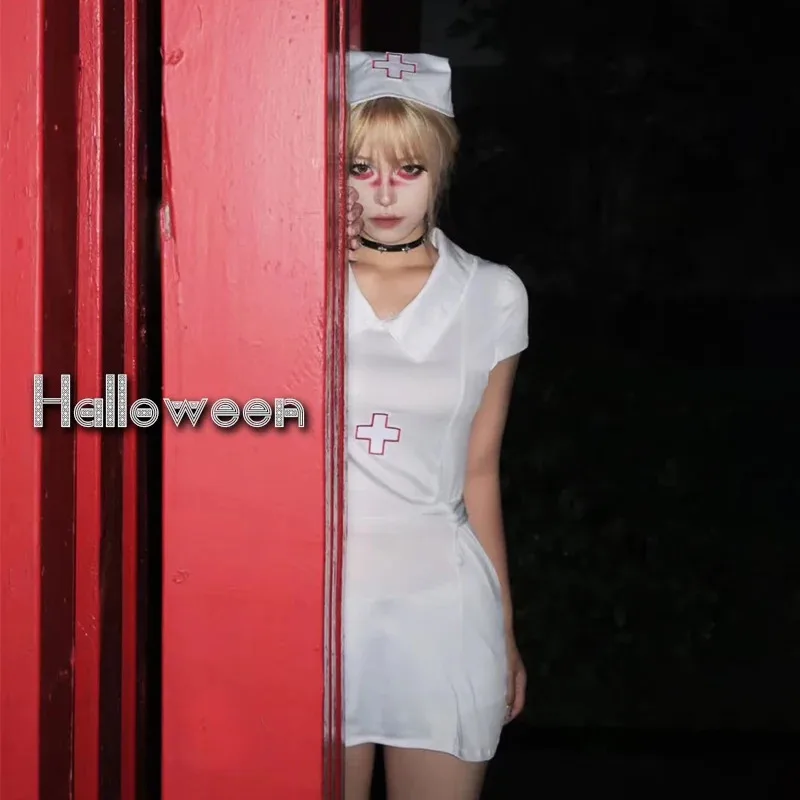 여성을위한 섹시한 할로윈 코스프레 의상 간호사 복장 흑백 매혹적인 제복 파티 공연 클럽 댄스 jk;6