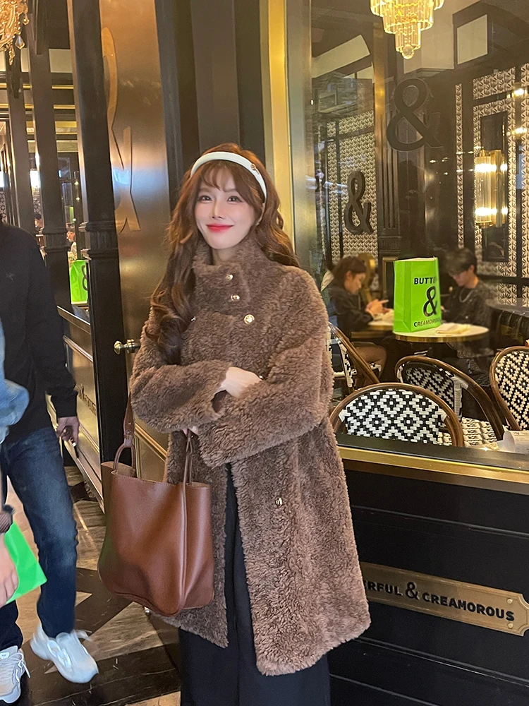 

Women's Fur Coat Lamb Fur Inteated Particle eep Scissors Velvet Collar Double Button Leather Fur Long Sve Mid-Length