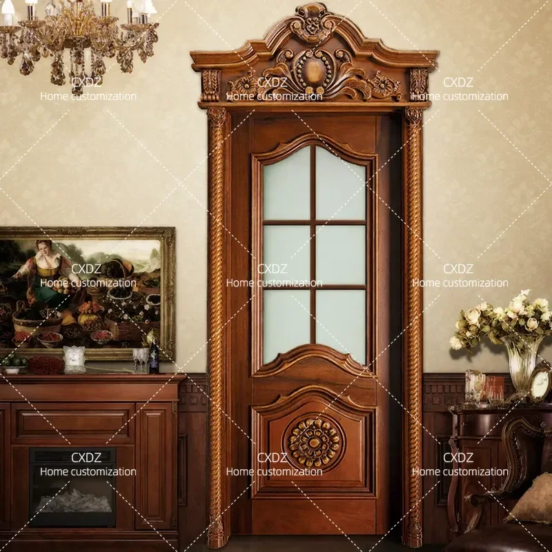 Retro Engraved Flower Multi Layer Baking Paint Indoor Flat Open Bedroom Classical European Style Wire Solid Wood Door Set