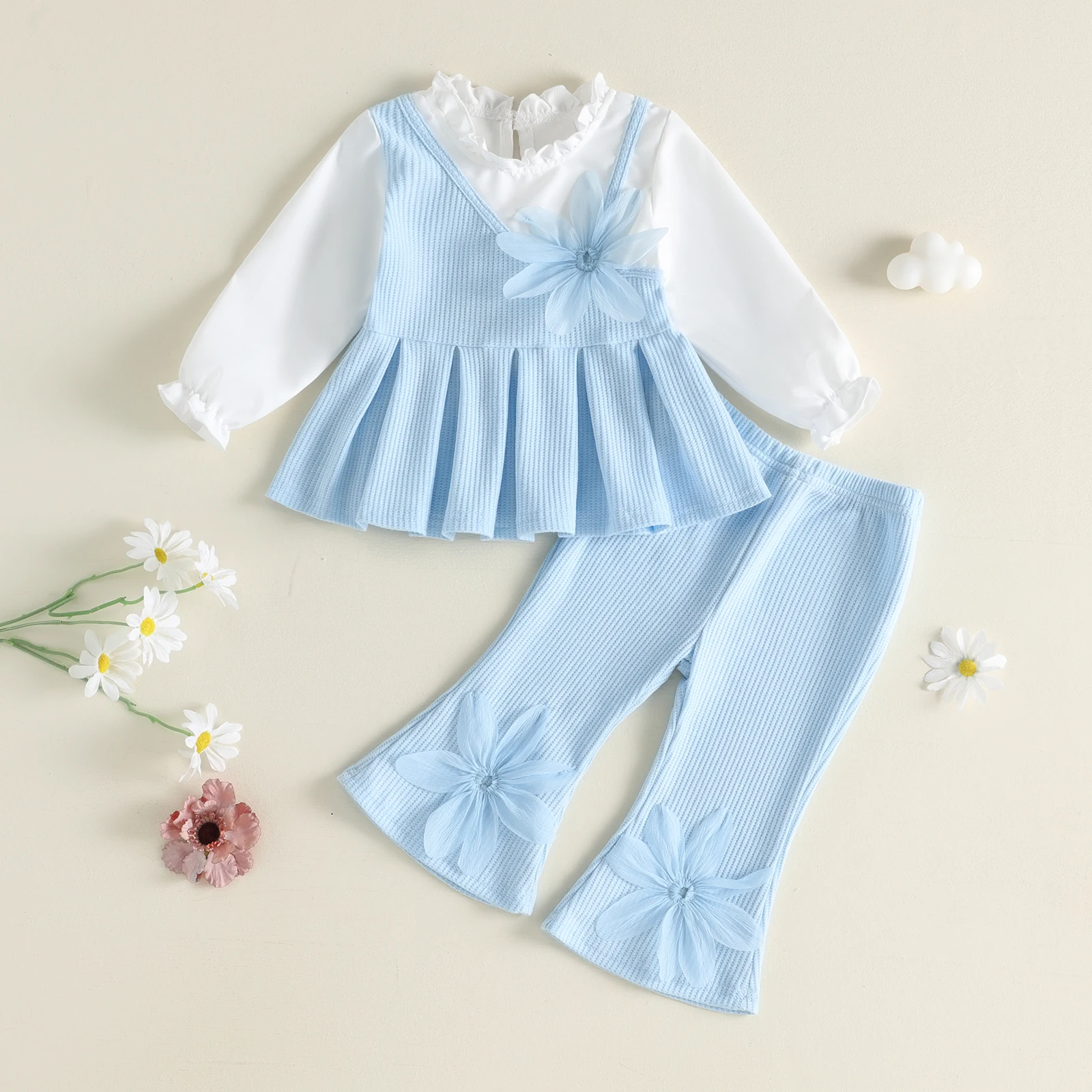 0-4Y Fashion Toddler Baby Girls Autumn Outfit Flower Decor Long Sleeve Shirt Tops with Bell Bottom Sweet Clothes Set