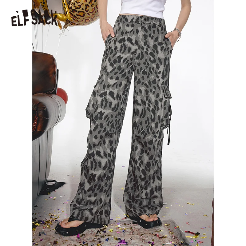 

ELFSACK 2024 Summer New Arrivals Retro leopard print workwear style wide leg pants for women Casual loose pants