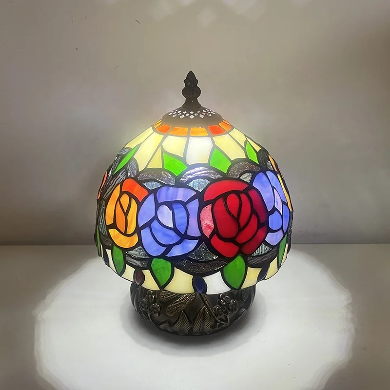 Tiffany Style Table Lamp 8 Inch Rose Flower Stained Glass Shade Table Lamp Art Home Decor for Living Room Bedroom