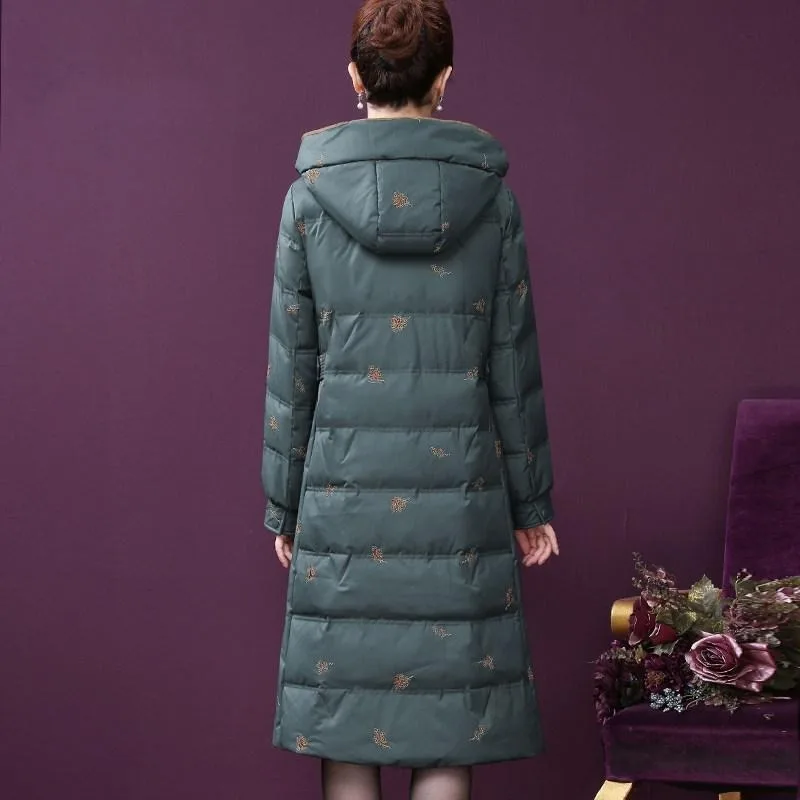 2023 New Middle-aged Woman Down Jacket Winter Coat Long Over The Knee Outwear Slim Hooded Parkas Nobleness Embroider Outcoat