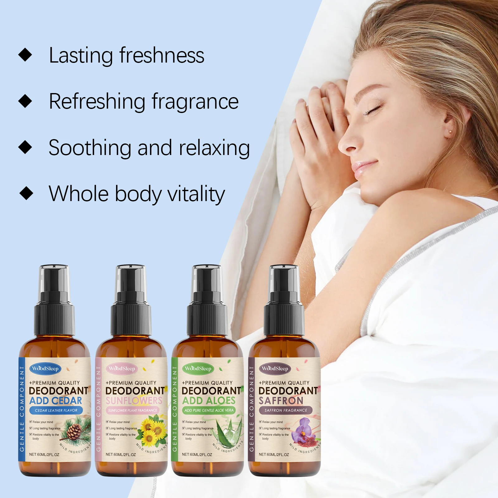 Azafrán/girasoles/cedro/Aloes espray de magnesio relajar la mente fragancia de larga duración aliviar el estrés aliviar el dolor muscular cuidado del cuerpo