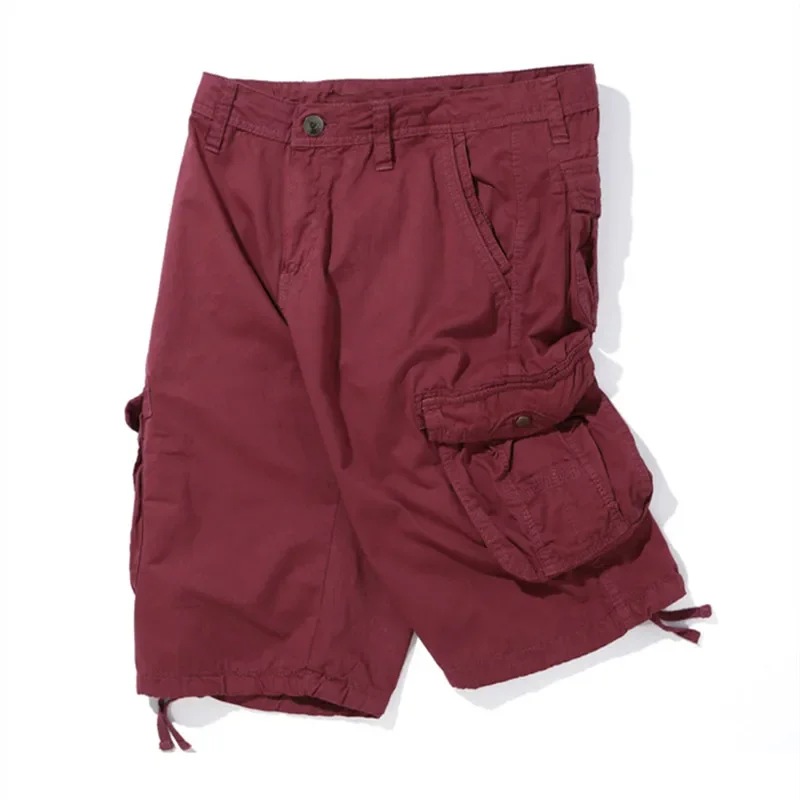 LIBIELIY Summer Cargo Shorts Men Cotton Solid Multi Pockets Straight Safari Style Casual Shorts Male Sports Jogging Knee Length