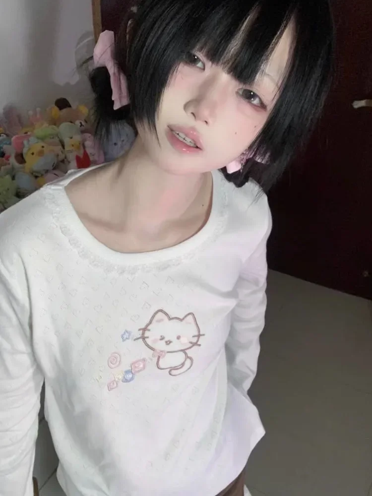 

HOUZHOU Kawaii Cutecore Sweet White Women T Shirts Japanese Style Y2k Lace Patchwork Cute Cartoon Embroidery Tees Tops Soft Girl