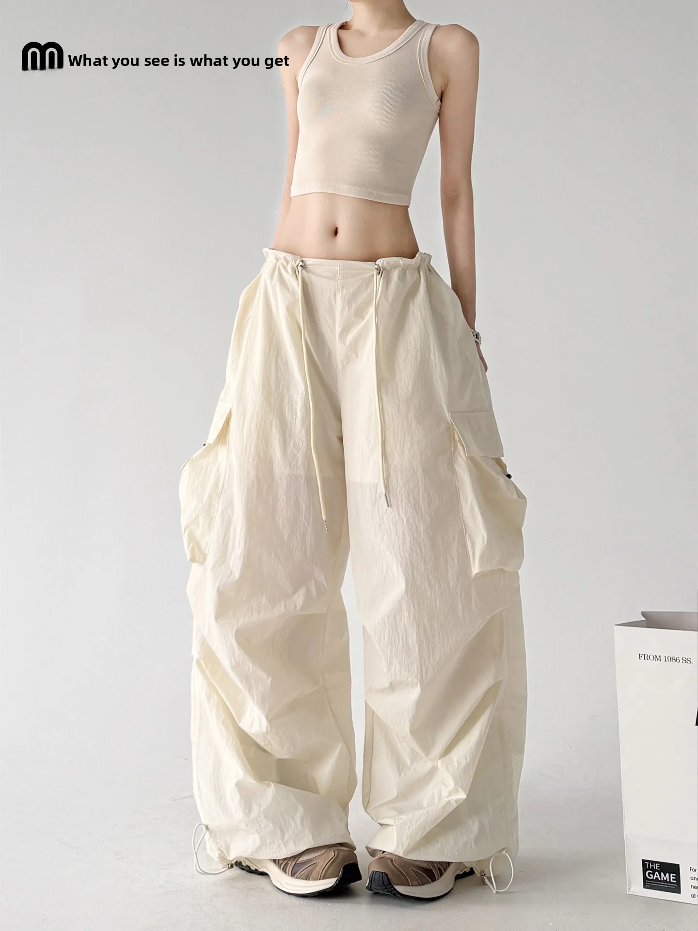 Tall Women's American Workwear Parachute Pants Summer New Sun Protection Cuffed Wide Leg Casual Pants White Commute Style