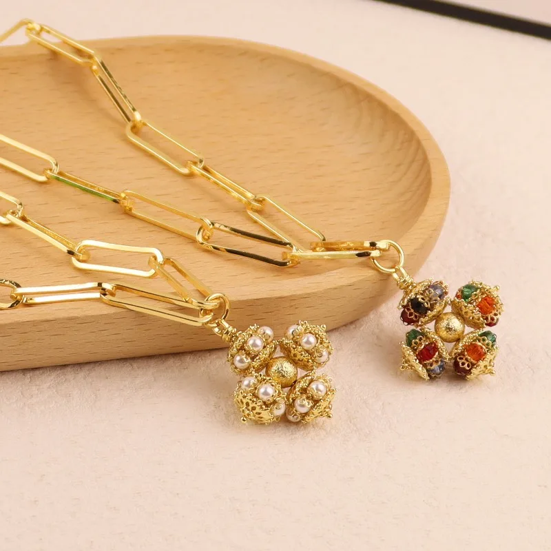 

Fashion Minority Style High End Quality Glass Pearl Colorful Cubic Zircon Pendant Accessory Ancient Style Ins Jewelry for Women