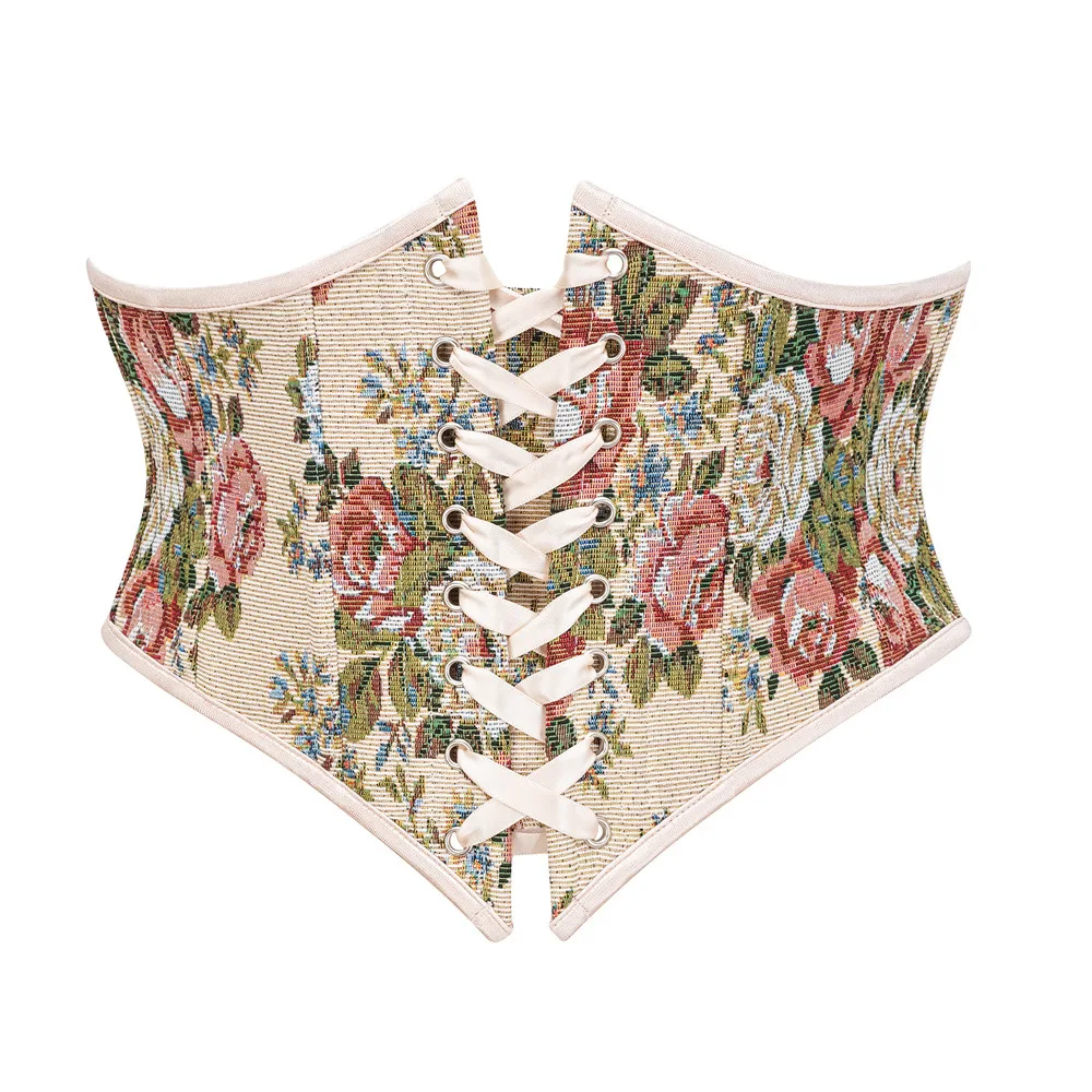 Beiger Vintage-Korsettgürtel mit Blumenmuster im viktorianischen Gothic-Stil, kurzer Unterbrust-Taillentrainer mit Schnürung, Renaissance-Korsett, figurformendes Shapewear-Gürtel.