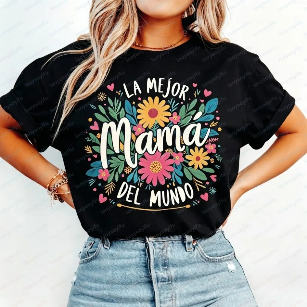 Women Summer Fashion Short Sleeve T Shirt Colorful Wildflower Best Mom Spanish Letter Print Crew Neck Stylish Breathable Tops
