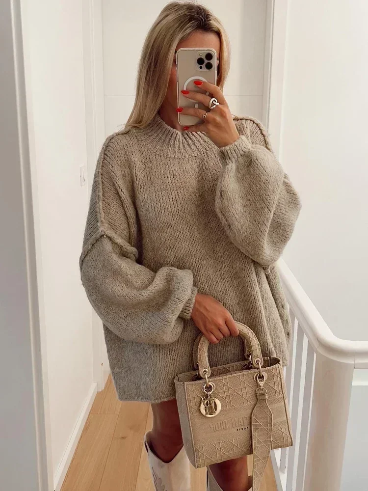 Fashion Round Neck Knitted Jumper For Women 2025 Autumn Long Lantern Sleeve Sweater Female Hight Street Warm Lady Chic Pullover