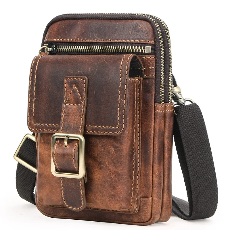 British Style Top Layer Cowhide Crazy Horse Cowhide Men One Shoulder Crossbody Bag Fashion Casual Leather Sports Phone Waistpack