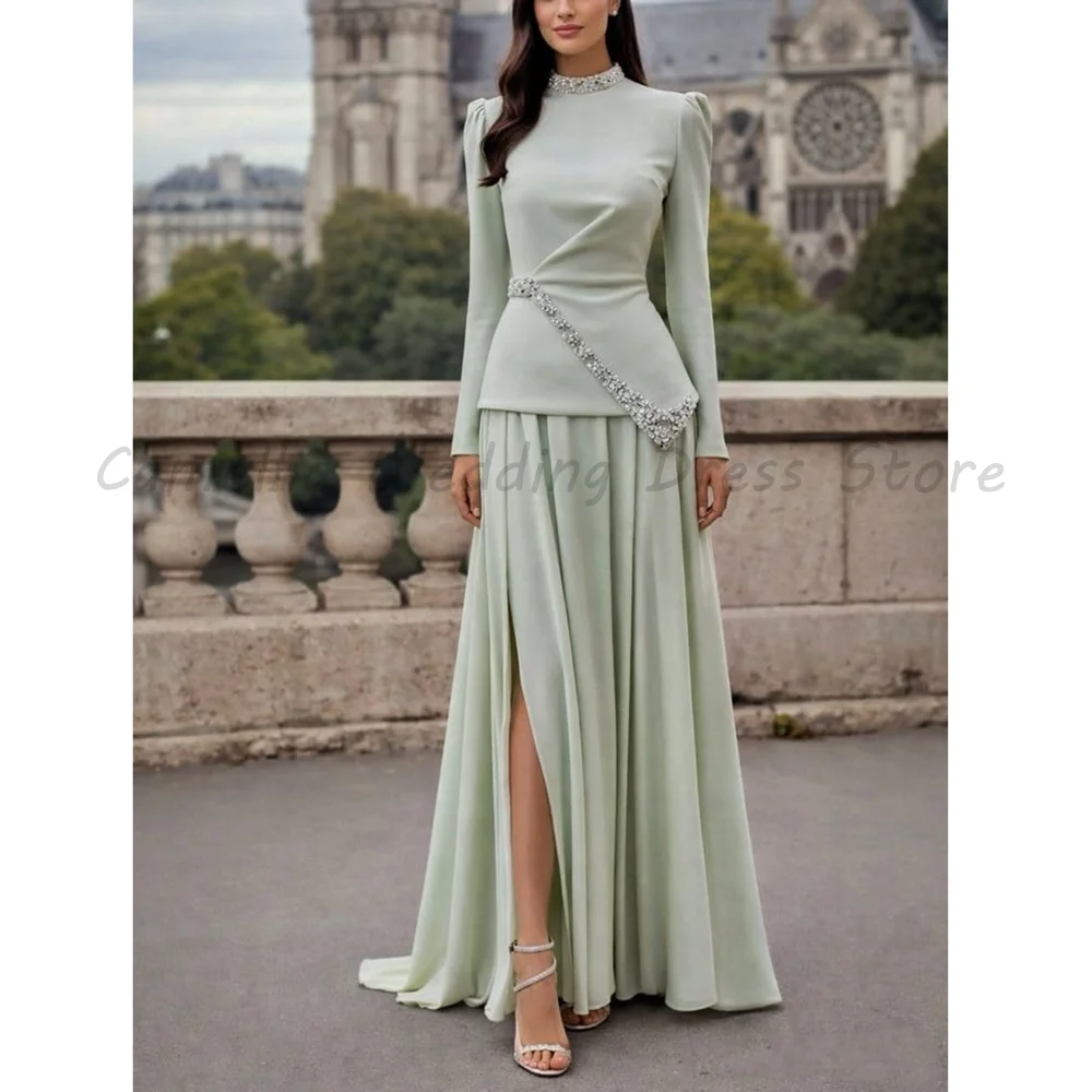 

Green High Neck Long Sleeve Rhinestone Beaded Twist Waist High Slit Chiffon Modest Formal Evening Maxi Gown