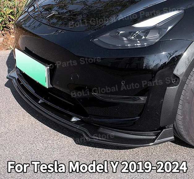 Upgrade Appearance For Tesla Model Y 2019-2024 3Pcs Body Kit Front Spoiler With Lip Bumper Chin Diffuser Carbon Look/Gloss Black